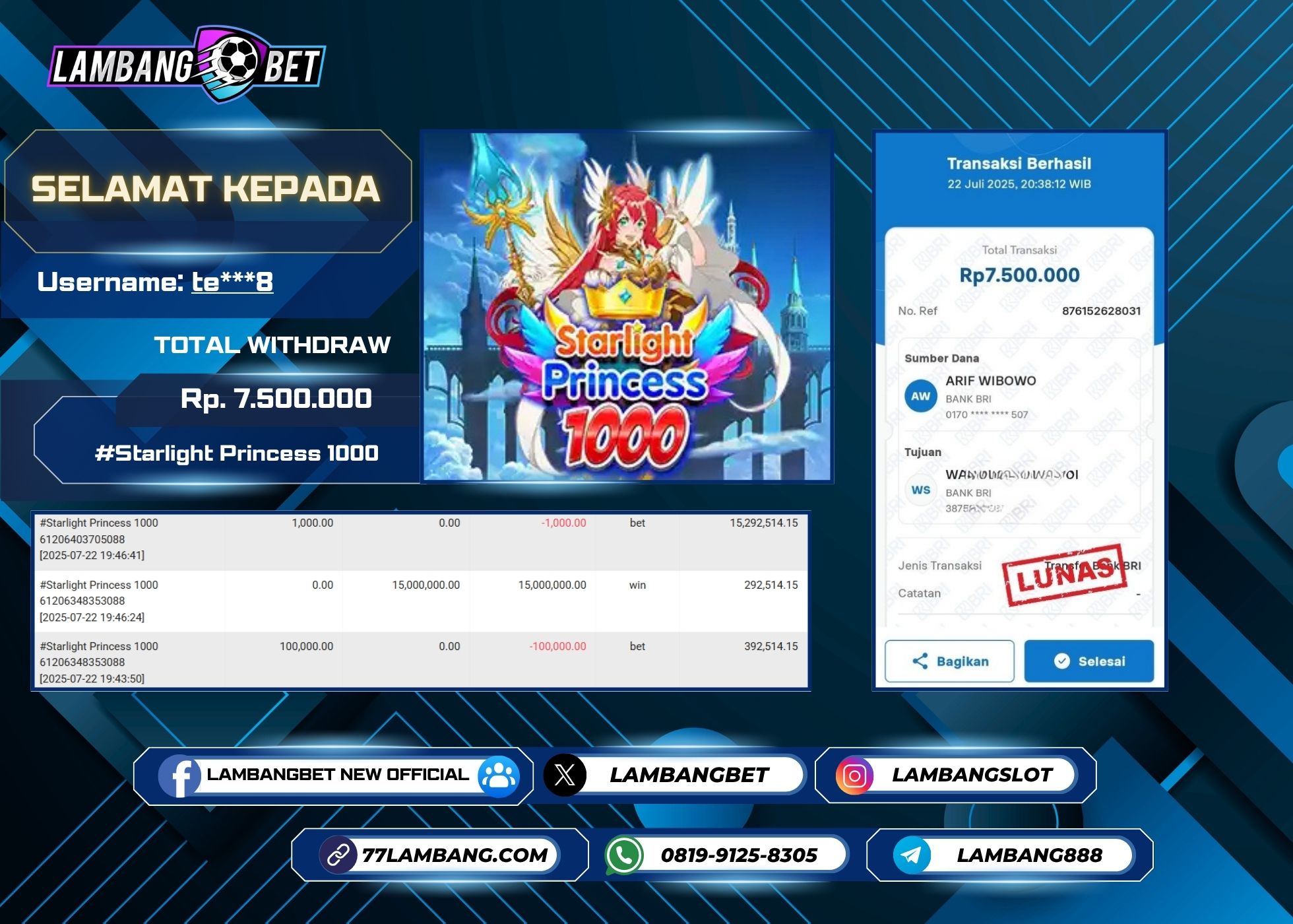 LAMBANGBET [22 JULY 2025] JACKPOT SLOT Starlight Princess 1000 "Rp7.500.000" LUNAS